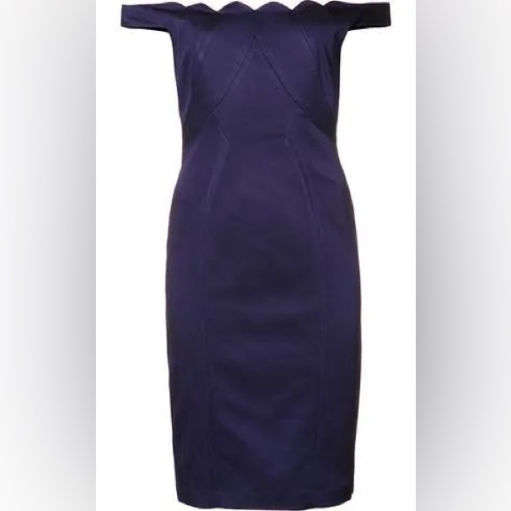 NWT ZAC Zac Posen Daniella Scalloped Ocean Floor Navy Off Shoulder Sheath Dress - Picture 4 of 12